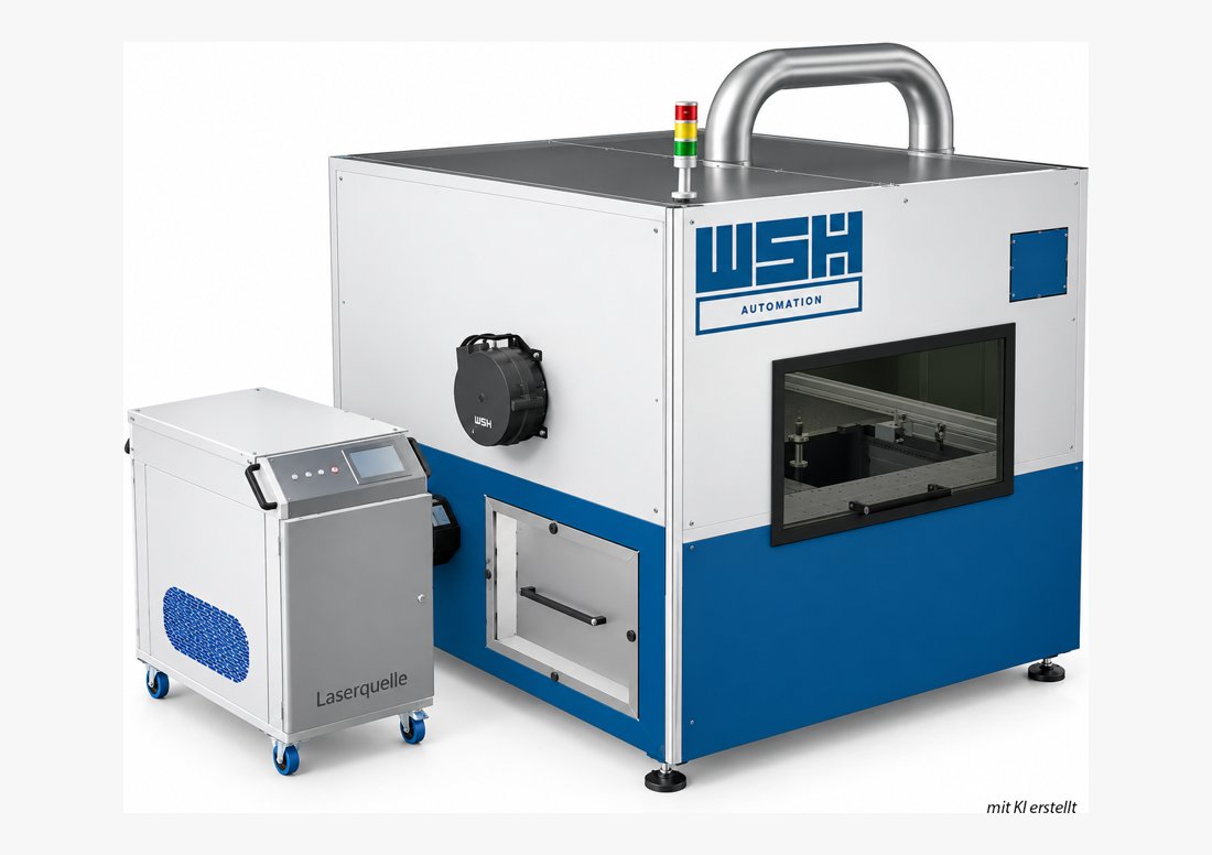 WSH Laser S: Laserzelle mit WSH-Logo, Sichtfenster und Laserquelle daneben, Rendering mit KI erstellt