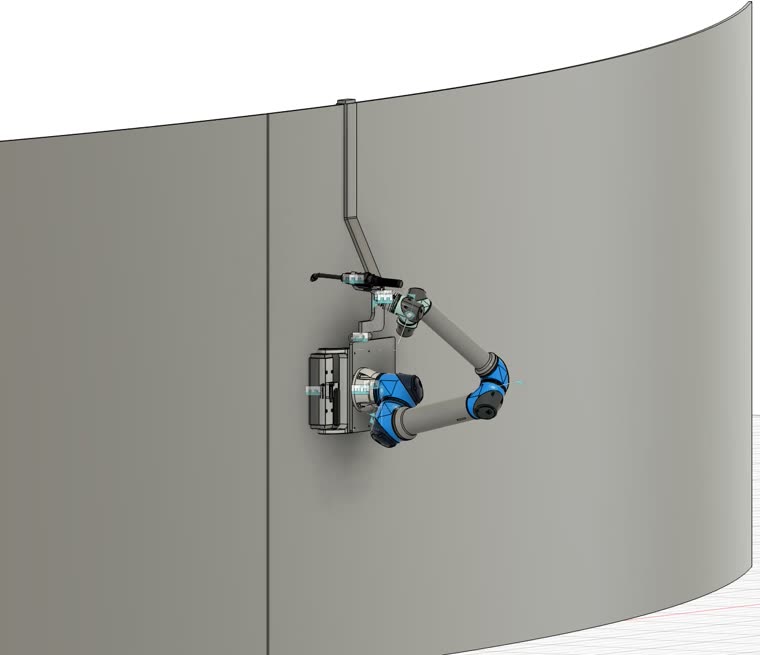 Konstruktionsmodell: Roboter an der Rundung des Behälters, seitliche Ansicht