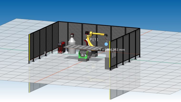 Dieselbe Zelle im Simulationsprogramm mit eingeblendeten Koordinaten und Bahnpunkt