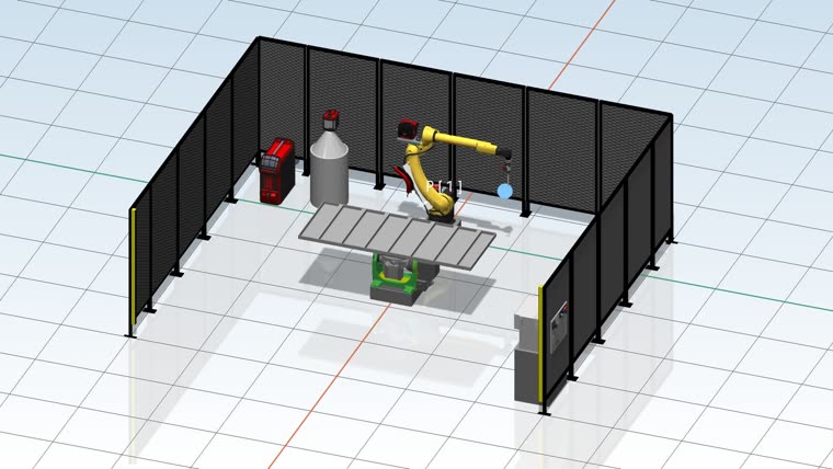 Simulationsmodell einer eingezäunten Roboterzelle mit Positionierer und Stromquelle